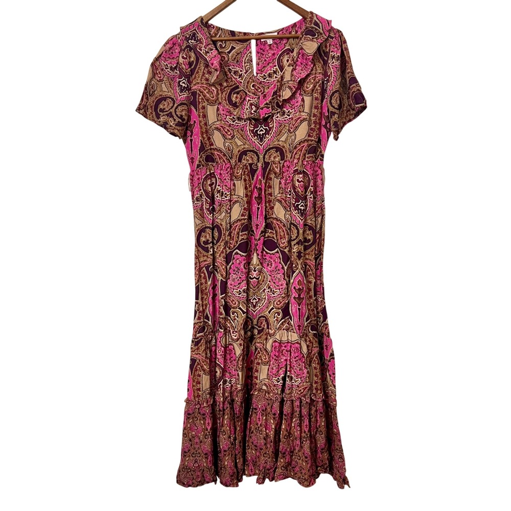 A Loves A Pink Paisley Linen Blend Ruffle Maxi Dress XL Short Sleeve Tiered
